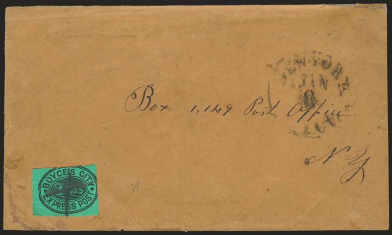 Boyces City Express Post, New York N.Y., 2c Black on Green Glazed (19L1).> Two large margins, cut in at top and right, just tied by pencil X on brown cover to post office box, black New-York 1 ct. Jan. 8
drop-letter rate datestamp, some edgewear