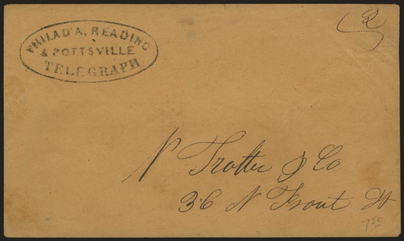 Philada, Reading & Pottsville Telegraph.> Clear strike of oval handstamp on ca. 1849 brown cover to local address, ms. 2 rate, couple small faults on back, otherwise Very Fine, 1993 ASCC No. 123, Rarity
7