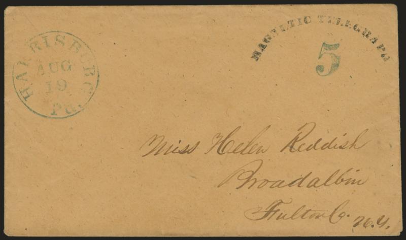 Magnetic Telegraph.> Clear strike of arc-shaped black handstamp on ca. 1848-1850 buff cover to Broadalbin, N.Y., Harrisburg Pa. Aug 19 circular datestamp, matching 5 rate handstamp, small fault on backflap from
sealing wax, otherwise Very Fine an