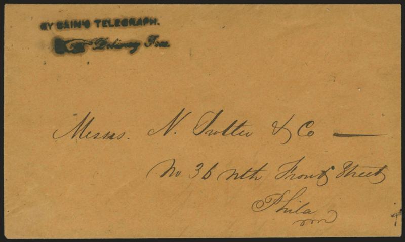 By Bains Telegraph.> Bold but slightly oily two-line handstamp with pointing hand and Delivery Free on undated cover to Nathan, Trotter & Co., Philadelphia, Very Fine, unlisted in the 1993 ASCC, ex
Jarrett