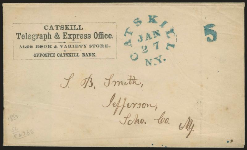 Catskill Telegraph & Express Office.> Black boxed imprint continuing Also Book & Variety Store Opposite Catskill Bank, on January 27, 1852 cover to Jefferson, New York, Catskill N.Y. Jan 27 rimless circular
datestamp and matching 5 rate handst