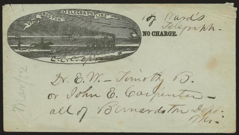 VT. & Boston Telegraph Line.> Oval illustrated ca. 1852 corner card depicting slower modes of communication (including a turtle), being overtaken by an electric bolt emanating from a disembodied hand writing
with a quill, with No Charge to Bernar
