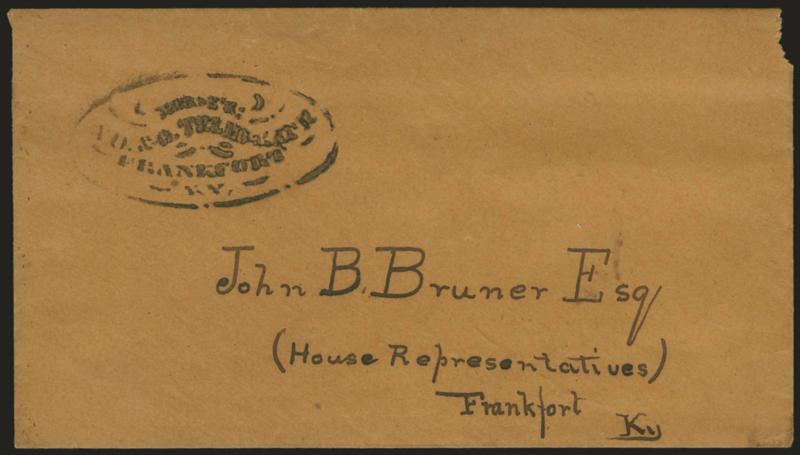 Morses NO. & O. Telegraph Frankfort KY.> Bold and mostly clear strike of oval handstamp on Jan. 1851 cover to Kentucky State Representative John B. Bruner in Frankfort, Ky., original telegraph sheet with
masthead From the Office of the New Orlea