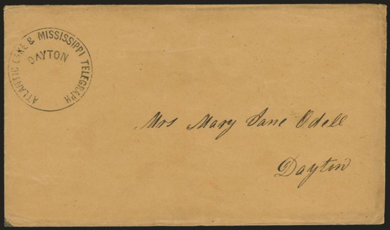 Atlantic Lake & Mississippi Telegraph Dayton.> Black circular handstamp on 1848 buff cover to local recipient, original telegraph enclosed, Pittsburgh, Cincinnati & Louisville Telegraph Dayton Office, Corner
Main and Third Streets at top, message