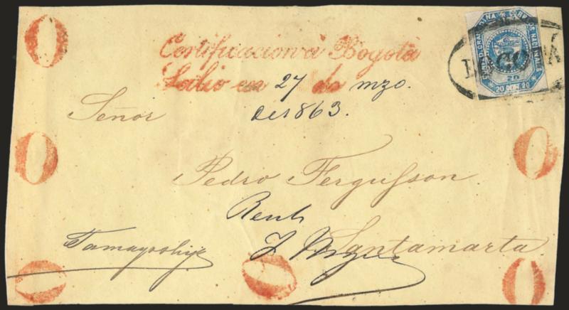 COLOMBIA, 1859, 20c Blue (6).> Stone A, Position 6, margins all around, tied by Bogota in oval handstamp on March 27, 1863 registered cover front only from Bogota to Santamarta, red two-line registration
handstamp and three-sided border of red 0s
