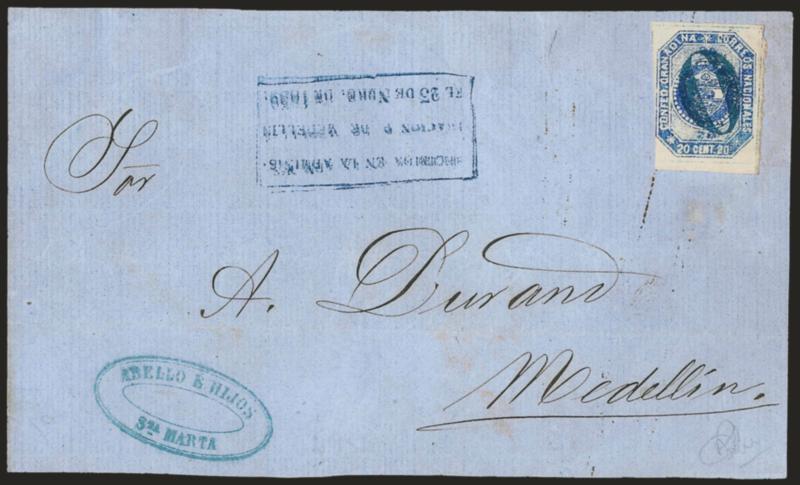 COLOMBIA, 20c Blue (6).> Three huge margins showing three frame lines, part of a fourth to just clear at left, rich color, bold blue 0 cancel and boxed Medellin receiving handstamp on cover front from
Santamarta, Fine, quite attractive