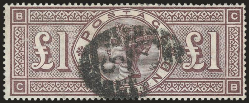 GREAT BRITAIN, 1888, £1 Brown Violet (123 SG 186).> Attractively centered, rich color, central oval grid cancel, minor thin spot and tiny surface rub, otherwise Very Fine, SG £3,800