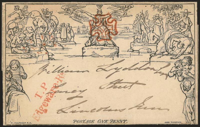 GREAT BRITAIN, 1840, 1p Black, Mulready Letter Sheet (U3).> A57, red T.P Edgeware Rd. straight line cancel with matching Maltese cross at top center, <backstamped 1840 My 8 PD in octagon,> very scarce <third
day usage,> Very Fine