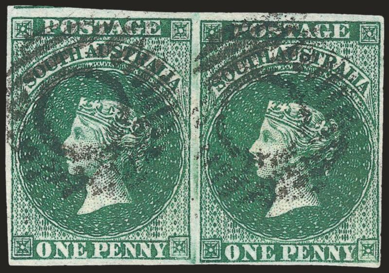 SOUTH AUSTRALIA, 1855, 1p Dark Green (1 SG 1).> Horizontal pair, margins all around, mostly ample to large, mute grid cancels, rich color, also incl. single 6p Deep Blue with alight cancel, Very Fine, SG £950
as singles, Scott Retail as singles