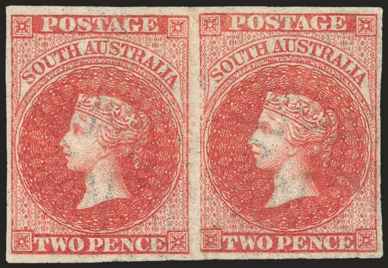 SOUTH AUSTRALIA, 1855, 2p Dull Carmine (2 SG 2).> Horizontal pair, slightly disturbed original gum, ample to large margins, fresh color, Very Fine, with 1983 Royal certificate, SG £1,100 as singles, Scott
Retail as singles