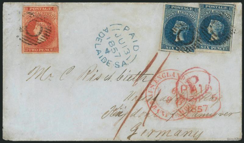 SOUTH AUSTRALIA, 1855-56, 2p Dull Carmine, 6p Blue (2-3 SG 2-3).> Two 6p, tied by grids, blue Paid Adelaide JU 13, 1857 circular datestamp on blue cover <to Germany,> red transit markings, gently cleaned, still
Very Fine appearance, attractive fra