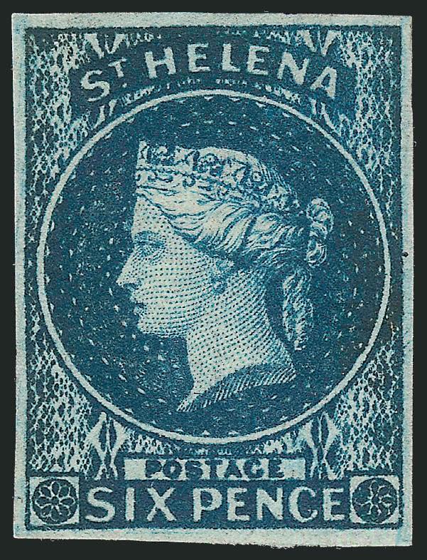 ST. HELENA, 1856, 6p Blue, Imperforate (1 SG 1).> Large part original gum, large even margins all around, rich color, Extremely Fine, a beautiful stamp, SG £500