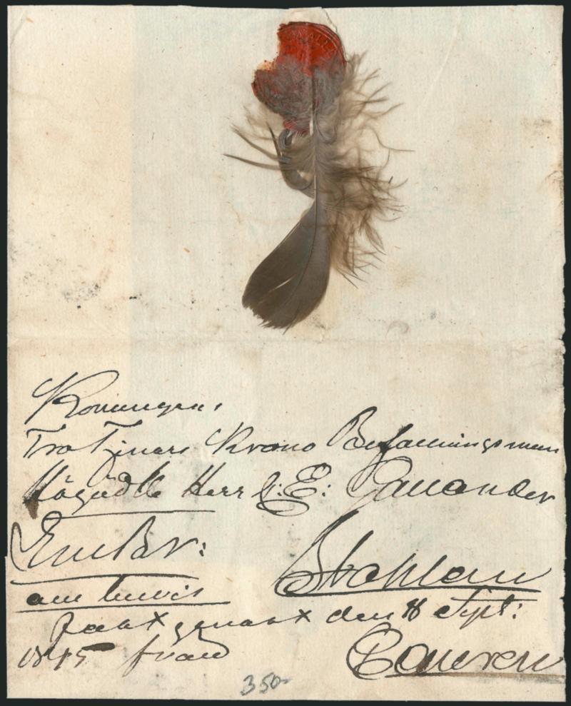 SWEDEN, 1845, Feather Post Special Delivery.> Folded cover with feather affixed to wax seal on back, Very Fine, the feather was used to denote special delivery