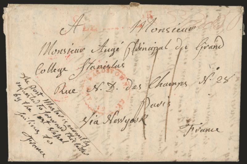 Bardstown Ky. May 12.> Clear strike of red circular datestamp with sawtooth edge with manuscript <<Paid 50>> on 1825 folded letter <to Paris, France,> indistinct red Colonies Par Le Havre two-line handstamp at
top, manuscript 11 decimes due, re