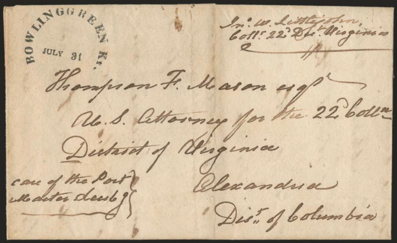 Bowling Green Ky.> Two covers each with a variation of the semi-circle handstamp, first on 1828 folded letter (deposition) with manuscript Paid 50 to St. Charles Mo., some slight waterstaining, second on 1851
folded letter to Alexandria Va. and fre