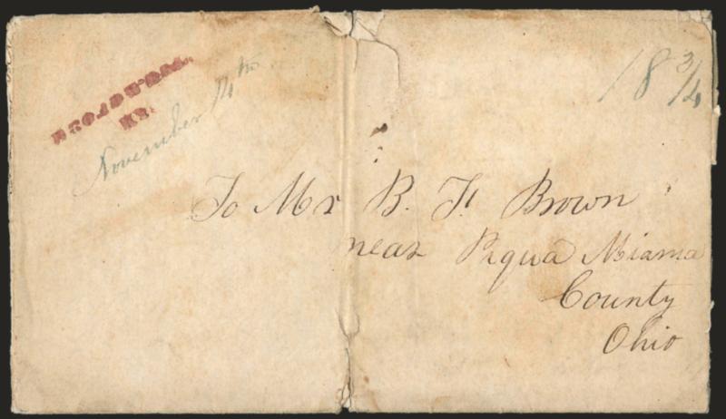 BROADWELLKY.> Two-line handstamp struck in red with November 14th date in manuscript, matching 18-34 rate on 1843 folded letter to Piqua O., some soiling and some splitting along vertical file fold well clear
of marking, still Very Fine strike,