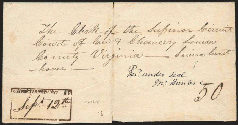 CHRISTIANSBURGH KY.> Brown boxed handstamp with manuscript Sept. 12th date in manuscript, matching 50 rate on 1832 folded cover to Louisa Court House Va., minor splitting along vertical file fold well away from
markings, Very Fine strike, this ca