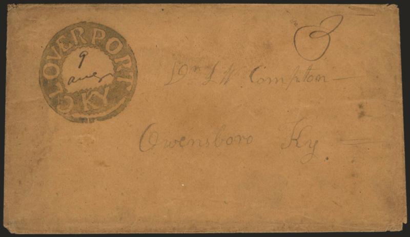 Cloverport Ky.> Seven covers, most mounted on exhibit pages, incl. three examples of the negative postmark (two different styles), two with boxed Cloverport in arc used in 1838 and 1848, two circular datestamps
with different styles of negative Pa