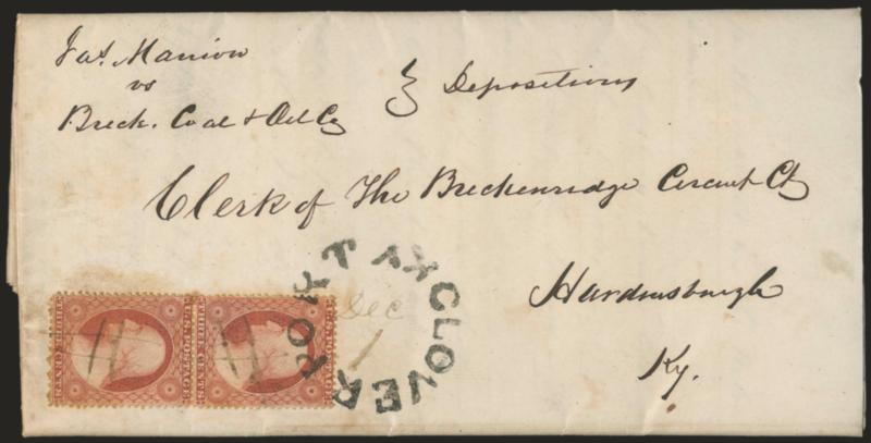 3c Dull Red, Ty. III (26).> Vertical pair, tied by pen cancels and also by <Cloverport Ky. Dec. 1> woodcut rimless circular datestamp with date in manuscript on 1857 folded deposition to Hardensburgh Ky., some
minor soiling around stamps from gum,