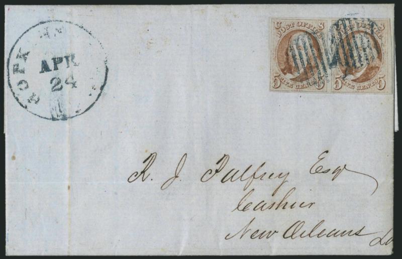 5c Red Brown (1).> Horizontal pair, bright shade, large margins to full, tied by <blue> grids, matching Hopkinsville Ky. Apr. 24 circular datestamp on blue 1850 folded letter to New Orleans, vertical file fold
at left well away from stamps, Very Fi