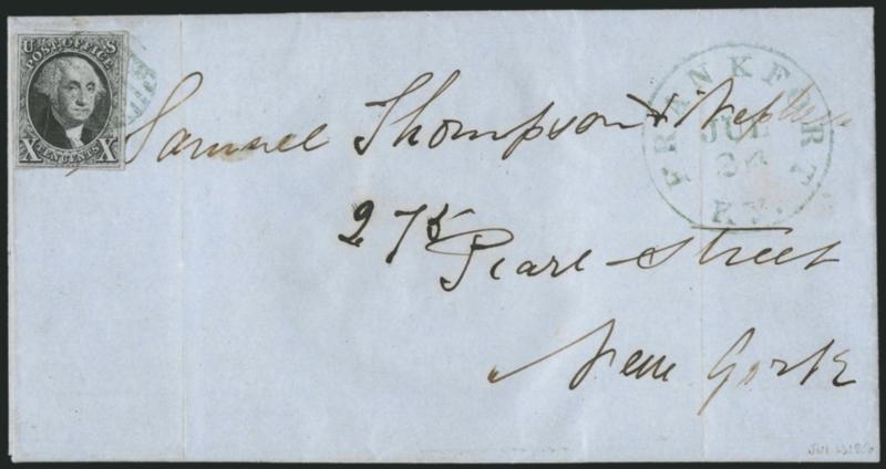 10c Black (2).> Large margins to clear, tied by <blue-green> grid, matching Frankfort Ky. Jul. 24 circular datestamp on 1850 folded letter to New York, light vertical file folds well clear of stamp<><>^VERY
FINE. A RARE USAGE OF THE 10-CENT 1847