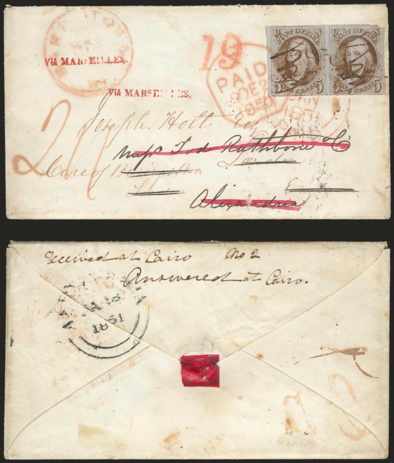 5c Red Brown (1).> Horizontal pair, large margins at sides, clear to slightly in at top and bottom, right stamp has faint pre-use vertical crease, tied by pen cancels, red ardstown Ky. Dec. 4 (1850)> circular
datestamp on small envelope <to Alexa