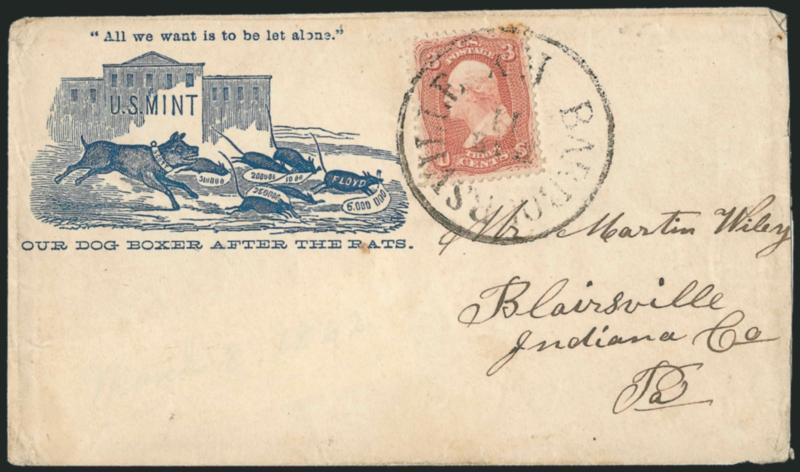 3c Rose (65).> Tied by Barboursville Ky. Jan. 11 circular datestamp on <Our Dog Boxer After the Rats Cartoon Patriotic> cover to Blairsville Ind., depicts Scott dog chasing Floyd rats in front of the U.S. Mint,
cover barely reduced at right,