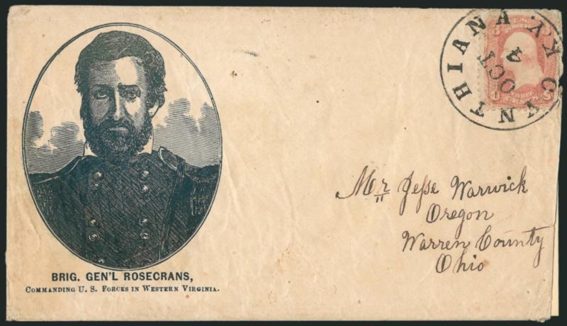 3c Rose (65).> Tied by bold Cynthia Ky. Oct. 4 circular datestamp on dark blue <Gen. Rosecrans Patriotic> cover to Oregon O., striking portrait design, slightly reduced at right affecting stamp, some overall
toning, Fine, ex Gallagher