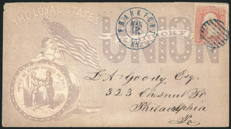 3c Rose (65).> Two small pieces missing from margins, not immediately noticeable, tied by blue grid, matching Frankfort Ky. Mar. 12, 1862 double-circle datestamp on overall light violet <Kentucky Loyal States
Patriotic> cover to Philadelphia, add