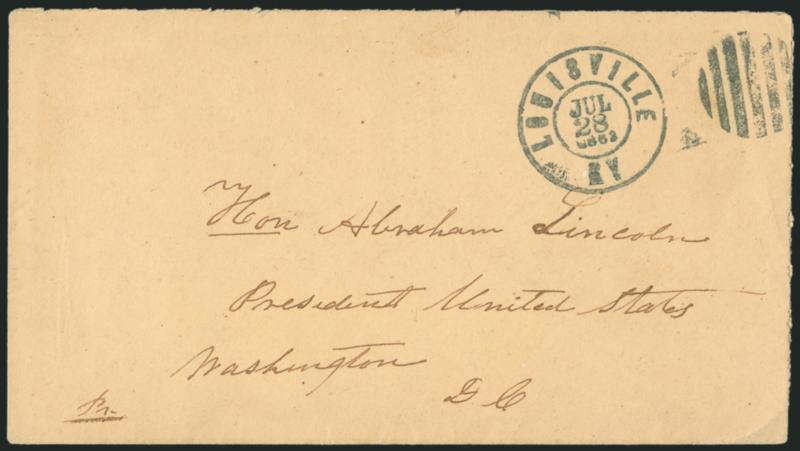 Louisville Ky. Jul. 28, 1862.> Greenish-blue double-circle datestamp and grid on cover <addressed to Abraham Lincoln,> <on. Abraham Lincoln, President United States, Washington DC,>> Extremely Fine, this cover
contained a letter from James Speed
