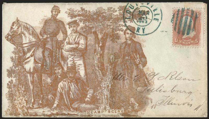 3c Rose (65).> Tied by bold greenish-blue grid cancel, matching Louisville Ky. Mar. 20, 1863 circular datestamp on <Magnus bronze Camp Scene Patriotic> cover to Galesburg Ill., Extremely Fine, with 1983 P.F.
certificate