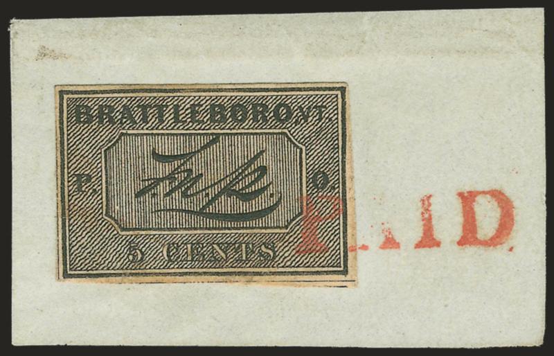 Brattleboro Vt., 5c Black on Buff (5X1).> Position 5 from the upper right corner of the sheet of ten, large margins all around, guideline at left and bottom right, trace of adjoining stamp also shows at bottom,
a marvelous deep impression with every