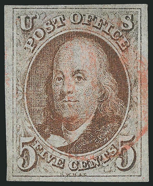 5c Red Brown (1).> Large to full margins, light red grid cancel, Extremely Fine, with 2009 P.F. certificate (VF-XF 85)