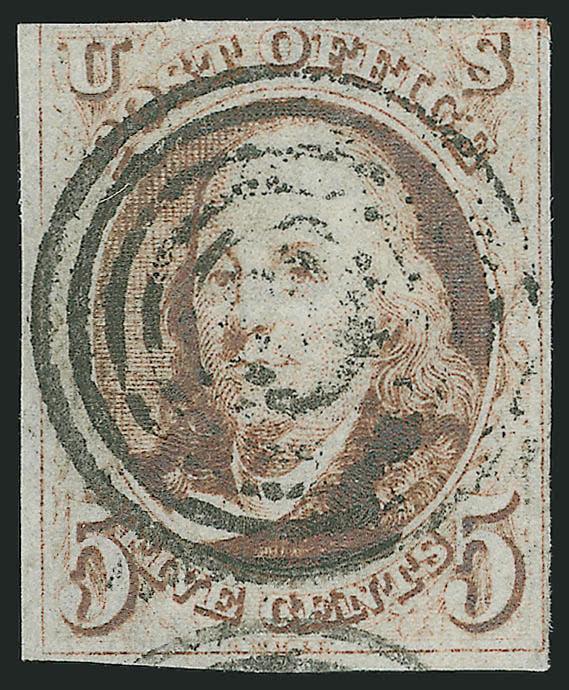 5c Red Brown (1).> Three clear to large margins, slightly in at top, tiny corner creases at top right, cancelled by <six-ring Canadian target in black,> one of the rarer markings on 1847 issue stamps and a
great strike, with 1996 P. F. certificate