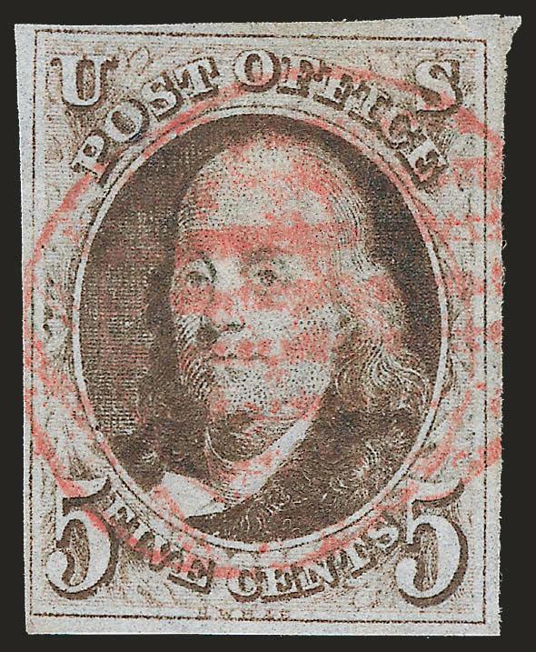 5c Brown (1).> Ample to large margins, deep color, red grid cancel, pressed vertical crease, nearly Very Fine appearance