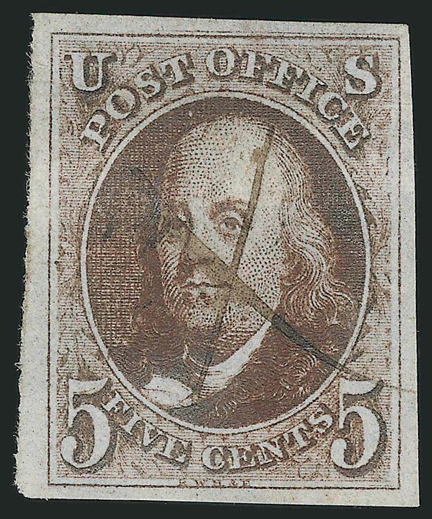 5c Dark Brown, Double Transfer Ty. A (1a-A).> Position 80R1, showing clear double transfer at top, large to huge margins, deep rich color, neat ms. X cancel, Extremely Fine, an attractive example of this plate
variety, with 1988 P.F. and 2006 P.S.E
