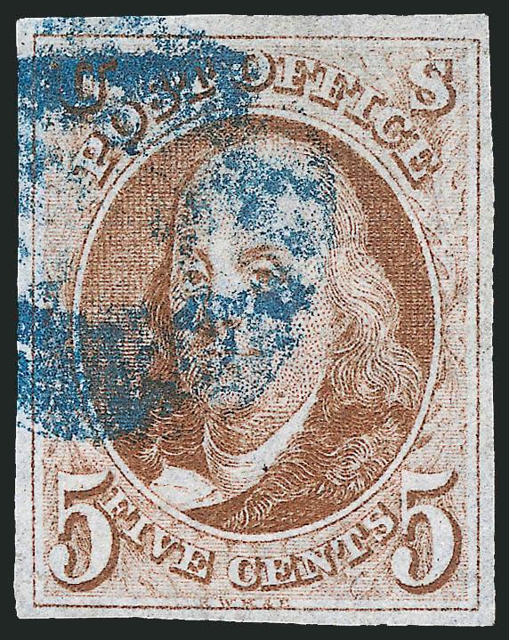 5c Orange Brown (1b).> Large to full margins, rich color and sharp impression, blue grid cancel, Very Fine, with 2009 P.F. certificate