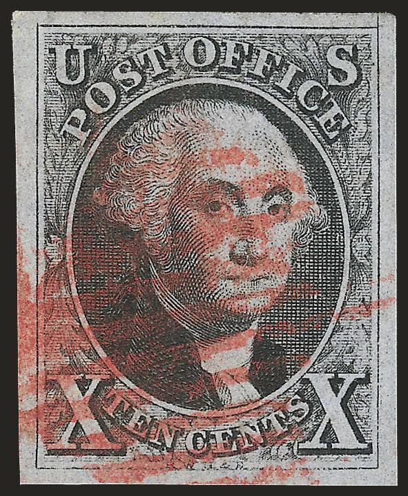 10c Black (2).> Large to huge margins, attractive grayish black shade, interesting plating marks with right frame line extending above the top one and tiny gap at top left frame corner, also stitch watermark at
top, red grid cancel, Extremely Fine, w