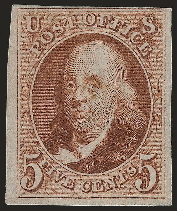 5c Red Brown, Reproduction (3).> Without gum as issued, three large to huge margins, ample to clear at top, toned spot, otherwise Fine