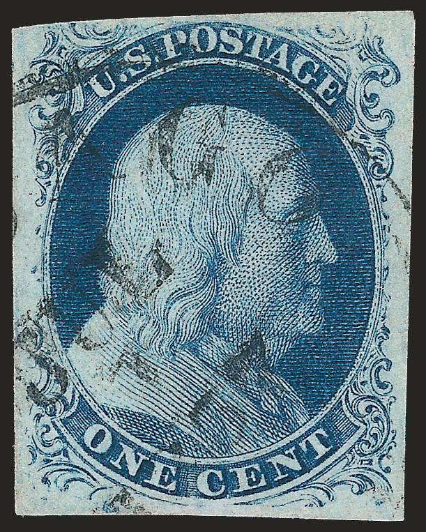1c Blue, Ty. III (8).> Ample to large margins, deep rich plate 4 color, neat Chicago 1857 yeardate circular datestamp<><>^VERY FINE AND CHOICE. A DESIRABLE USED EXAMPLE OF THE 1851 IMPERFORATE ONE-CENT TYPE
III.^<><>Signed by Stryker in pencil. W