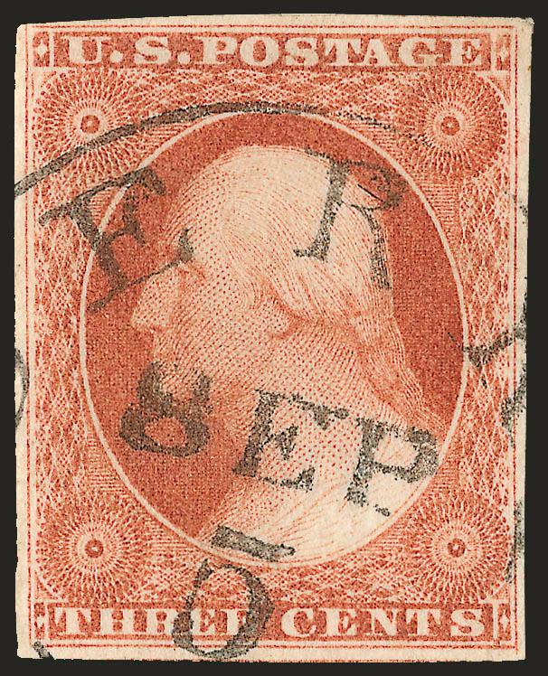 3c Yellowish Orange Brown, Ty. I (10 var).> Position 81R1E, large margins all around to just clear at upper left, brilliant color, neat strike of circular datestamp with clear Sep 5 (1851), hinged to Dr.
Amonette’s signed plating card for display,