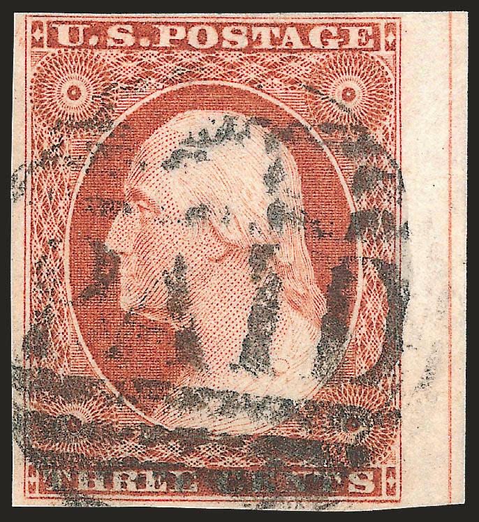 3c Orange Brown, Ty. II (10A).> Margins clear to large incl. <sheet margin and center line> at right, bold strike of <large Boston Paid> grid, deep rich color, Very Fine, a striking stamp, with 2007 P.F.
certificate
