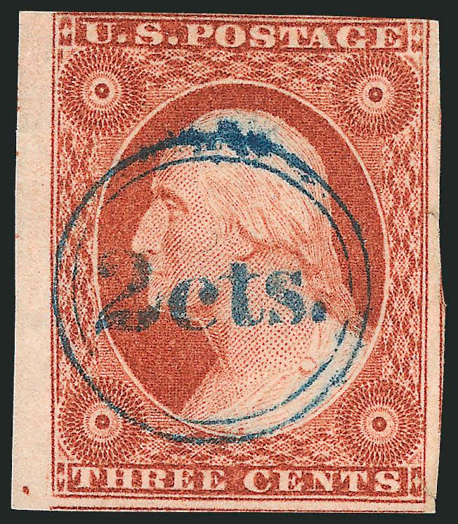 3c Orange Brown, Ty. II (10A).> Position 61R2E, large margins to just touched at top with sheet margin at left, rich color, cancelled by full clear strike of <blue 2 cts. Troy & New York Steam Boat> in
double-line circle, tiny scissor cut at bottom