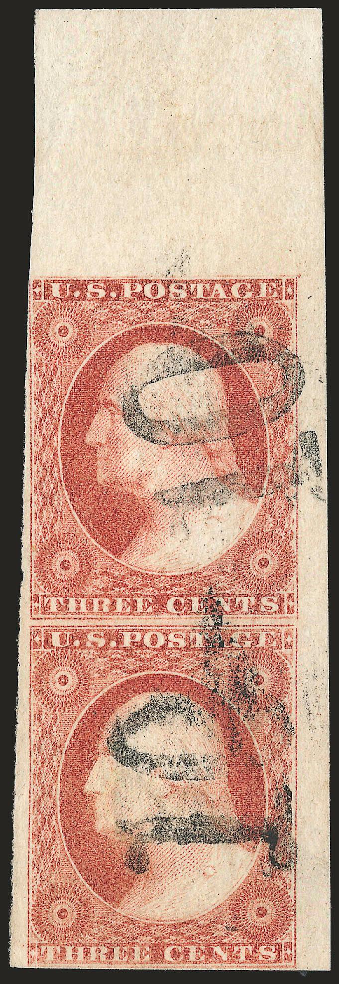 3c Dull Red, Ty. I (11).> Positions 1020L7, vertical pair, large margins to just clear incl. <top right corner sheet margins,> deep rich color, neat strikes of <10 handstamp>, plated by Dr. Amonette, beautiful
position piece, especially desirable