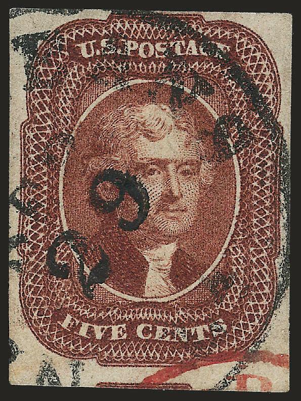 5c Red Brown (12).> Ample to huge margins, choice color and impression, New Orleans datestamp and red transit, tiny corner margin crease entirely in margin, otherwise Very Fine