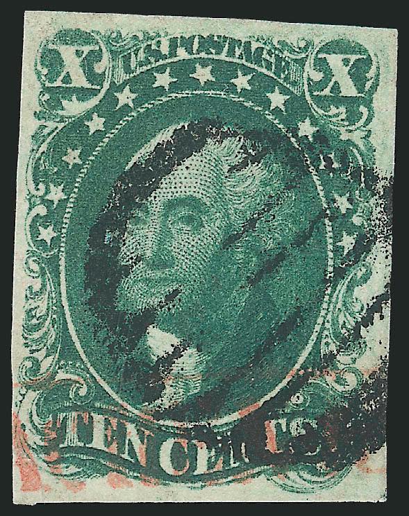 10c Green, Ty. I (13).> Ample to large margins, intense color, grid cancel and boxed red transit at bottom, light corner crease and tiny tear, Very Fine appearance