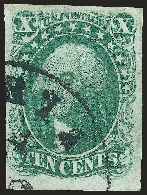 10c Green, Ty. I (13).> Huge margins to just clear at left, attractive color with circular datestamp cancel, small nick in left margin obscured by cancel, Very Fine appearance, with 2007 P.S.E.
certificate