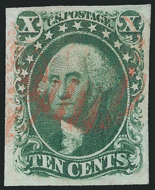 10c Green, Ty. III (15).> Large margins, rich color and fine impression, neat <red grid> cancel, Very Fine and choice, with 2009 P.S.E. certificate (VF-XF 85 SMQ $240.00)