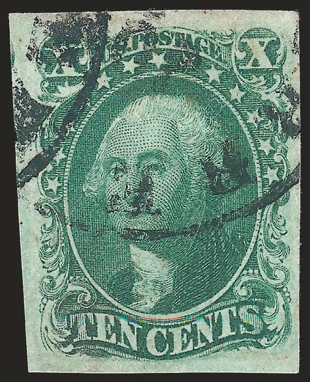 10c Green, Ty. IV (16).> Position 3R1, recut at top, ample to very large margins, deep color, partial circular datestamps, faint toning top and bottom, otherwise Very Fine and choice, with 2008 P.F.
certificate