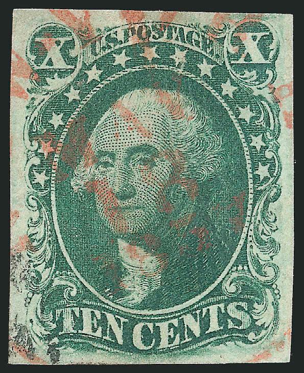 10c Green, Ty. IV (16).> Position 65L1, recut at top, three large margins, ample at bottom, marvelous deep color with neat <red> circular datestamp, tiny filled thin top center, Very Fine appearance, with 1989
P.F. certificate (does not mention the t